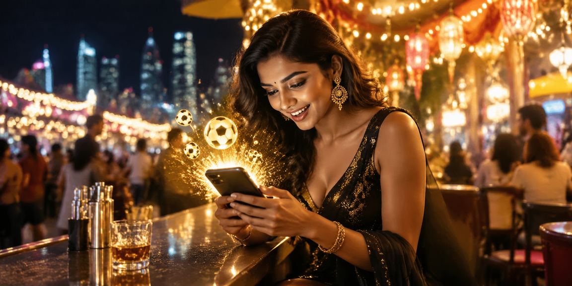 Busy Indian night market with sports betting neon lights